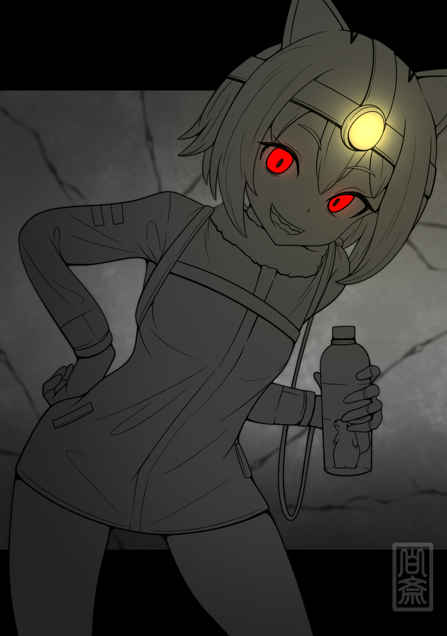 1girl, animal_ears, arai-san_mansion, bottle, breasts, commentary_request, cowboy_shot, fingerless_gloves