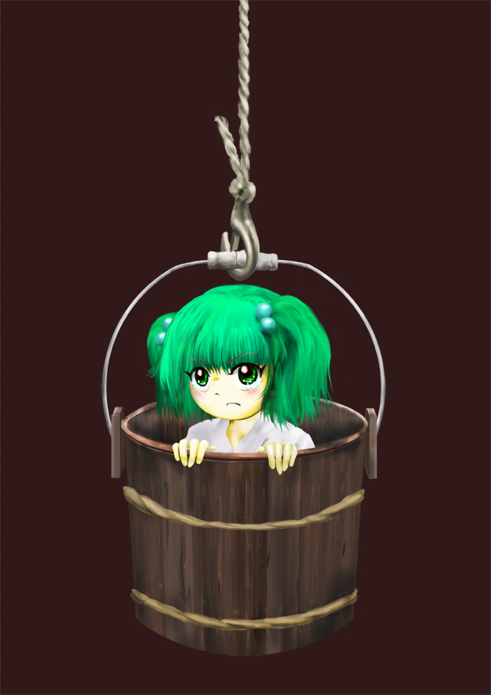 >:(, 1girl, angry, blush_stickers, bucket, commentary_request, furrowed_brow, green_eyes