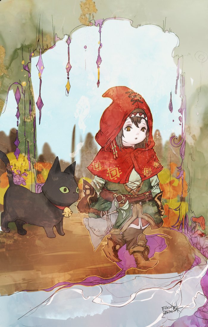 1girl, axe, bell, belt, black_cat, black_coeurl_(ff14), black_pants, boots, botanist_(ff14), brown_belt, brown_boots, brown_eyes, brown_gloves, brown_hair, capelet, cat, commentary, copyright_name, final_fantasy, final_fantasy_xiv, gloves, green_tunic, hatchet_(axe), holding, holding_axe, hood, hood_up, hooded_capelet, jingle_bell, lalafell, mushroom, pants, red_capelet, ruka_(blueplus84), short_hair, tunic, twitter_username, walking, warrior_of_light_(ff14)