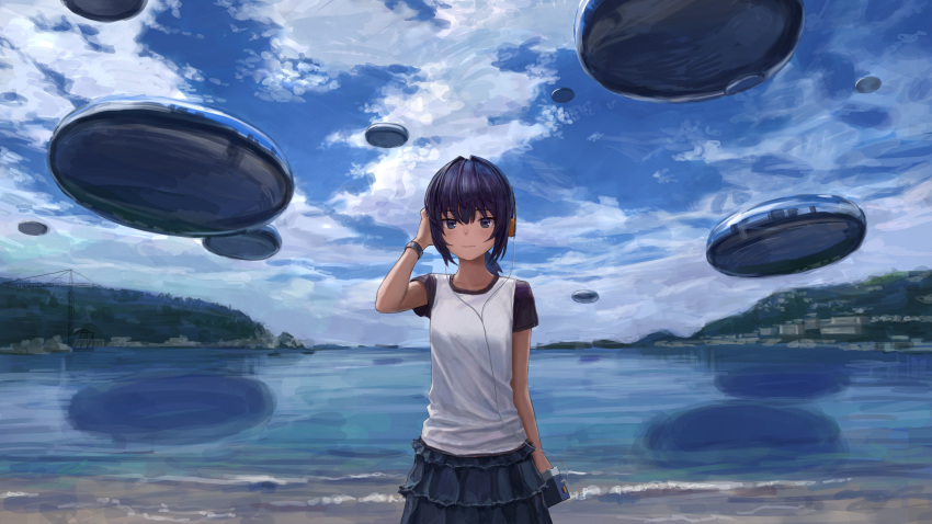 1girl, absurdres, an_yb, blue_eyes, blue_skirt, blue_sky, blue_theme, commentary