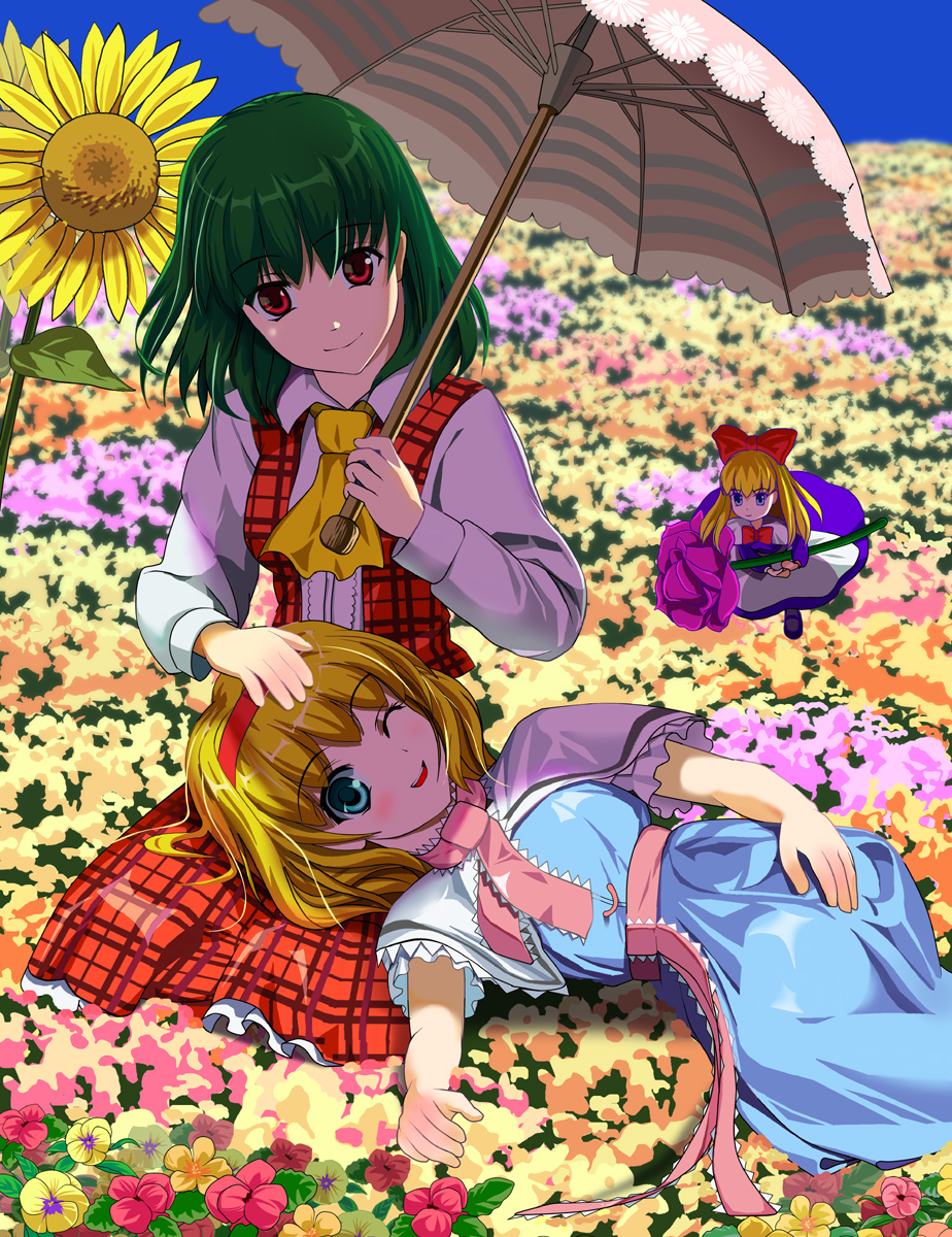 ;d, alice_margatroid, ascot, bangs, belt, blonde_hair, blue_eyes, blue_sky, capelet, doll, dress, dress_shirt, dyuei, flower, flower_field, green_hair, hand_on_head, head_tilt, highres, kazami_yuuka, lap_pillow, looking_at_viewer, lying, multiple_girls, necktie, open_mouth, outdoors, outstretched_arm, parasol, plaid, plaid_skirt, plaid_vest, red_eyes, rose, sash, shanghai_doll, shirt, short_hair, skirt, skirt_set, sky, smile, sunflower, touhou, umbrella, vest, wink, youkai