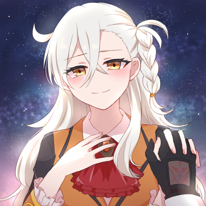 2girls, antenna_hair, ascot, black_gloves, blush, braid, brooch, command_spell, crossed_bangs, fate/grand_order, fate_(series), fujimaru_ritsuka_(female), fujimaru_ritsuka_(female)_(decisive_battle_chaldea_uniform), gloves, hair_between_eyes, hand_on_own_chest, highres, holding_hands, interlocked_fingers, jewelry, long_hair, looking_at_viewer, multiple_girls, nishio_(love51240), olga_marie_animusphere, pov, red_ascot, smile, star_(sky), tearing_up