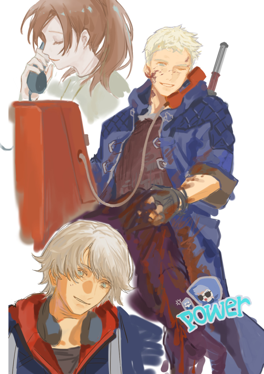 1boy, 1girl, 1other, aged_up, blood, blood_on_face, blue_coat, blue_eyes
