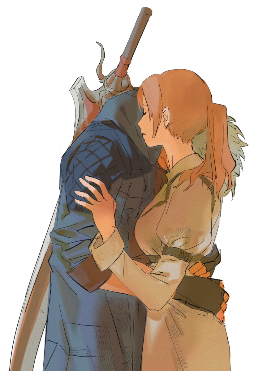 1boy, 1girl, absurdres, black_gloves, blue_coat, brown_hair, claymore_(sword), coat, couple, devil_may_cry_(series), devil_may_cry_5, dress, fingerless_gloves, gloves, grey_hair, hetero, high_ponytail, highres, hood, hood_down, hug, kyrie_(devil_may_cry), nero_(devil_may_cry), ponytail, shade, simple_background, sleeves_rolled_up, waltherp38, weapon, white_background