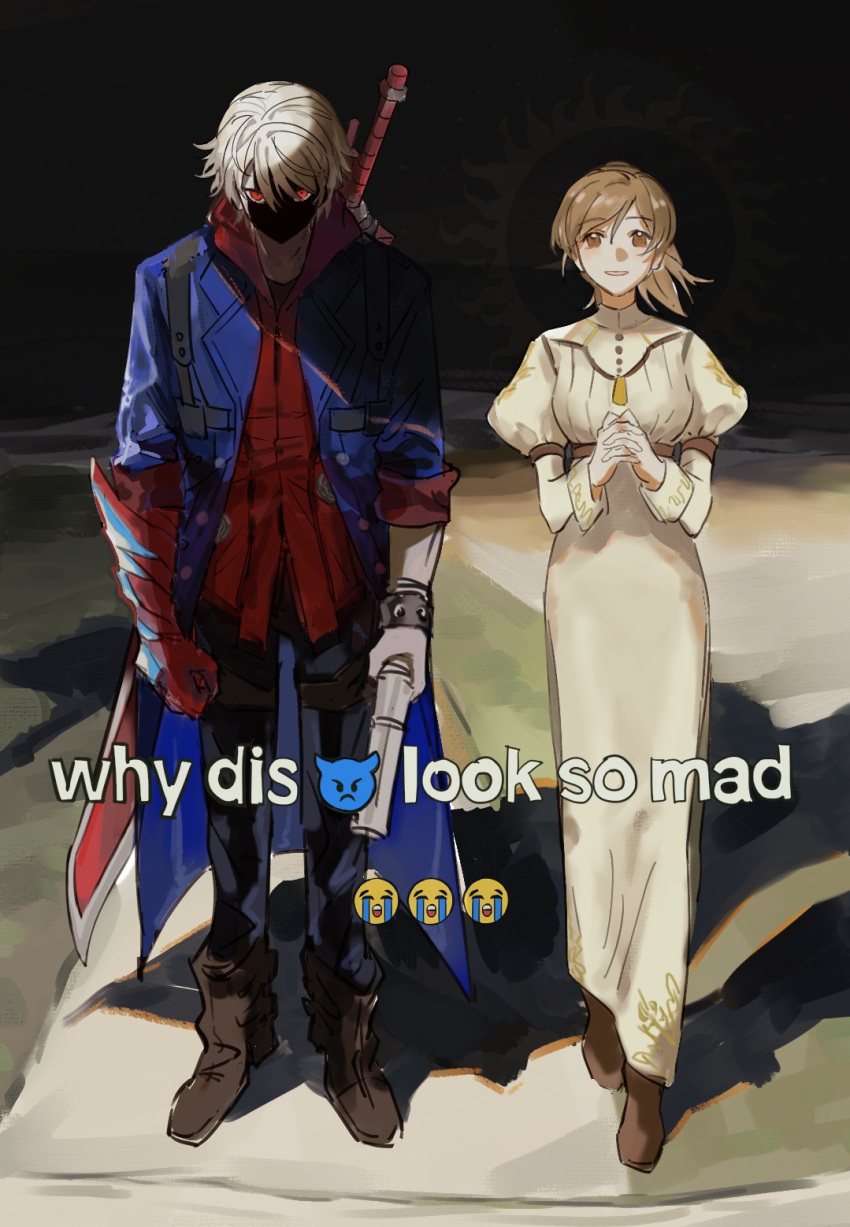 1boy, 1girl, angry, boots, brown_eyes, brown_hair, chinese_commentary, commentary_request, couple, devil_may_cry_(series), dress, english_text, full_body, grey_hair, high_ponytail, highres, holding, holding_own_hand, jacket, kyrie_(devil_may_cry), looking_at_viewer, meme, nero_(devil_may_cry), night, open_mouth, outdoors, pants, ponytail, shade, shaded_face, shadow, standing, waltherp38, weapon, why_dis_ninja_look_so_mad_(meme)
