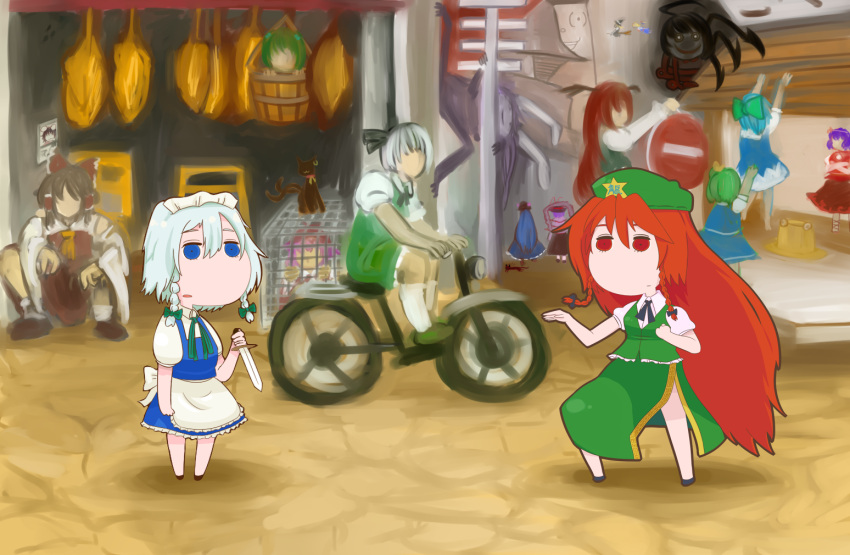alice_margatroid, battle, bicycle, blue_eyes, bow, braid, bucket, cage