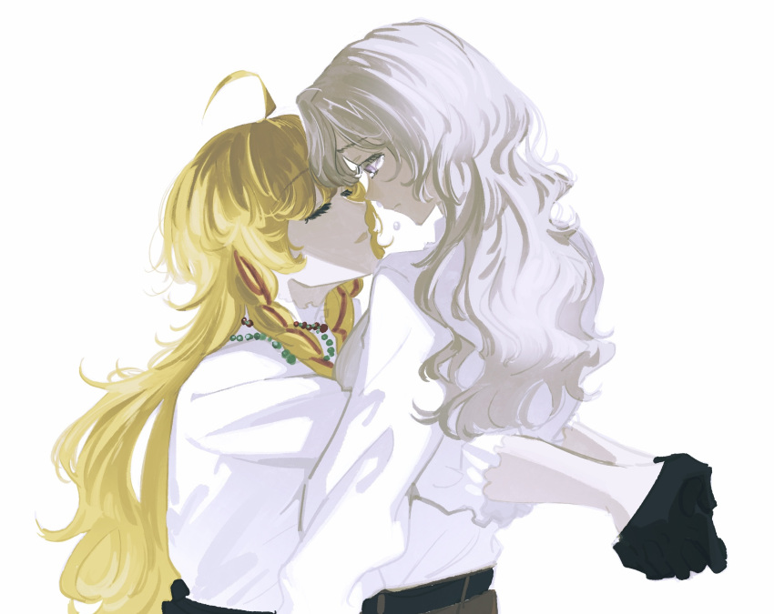 2girls, ahoge, arm_around_back, black_gloves, blonde_hair, braid, brown_pants, closed_eyes