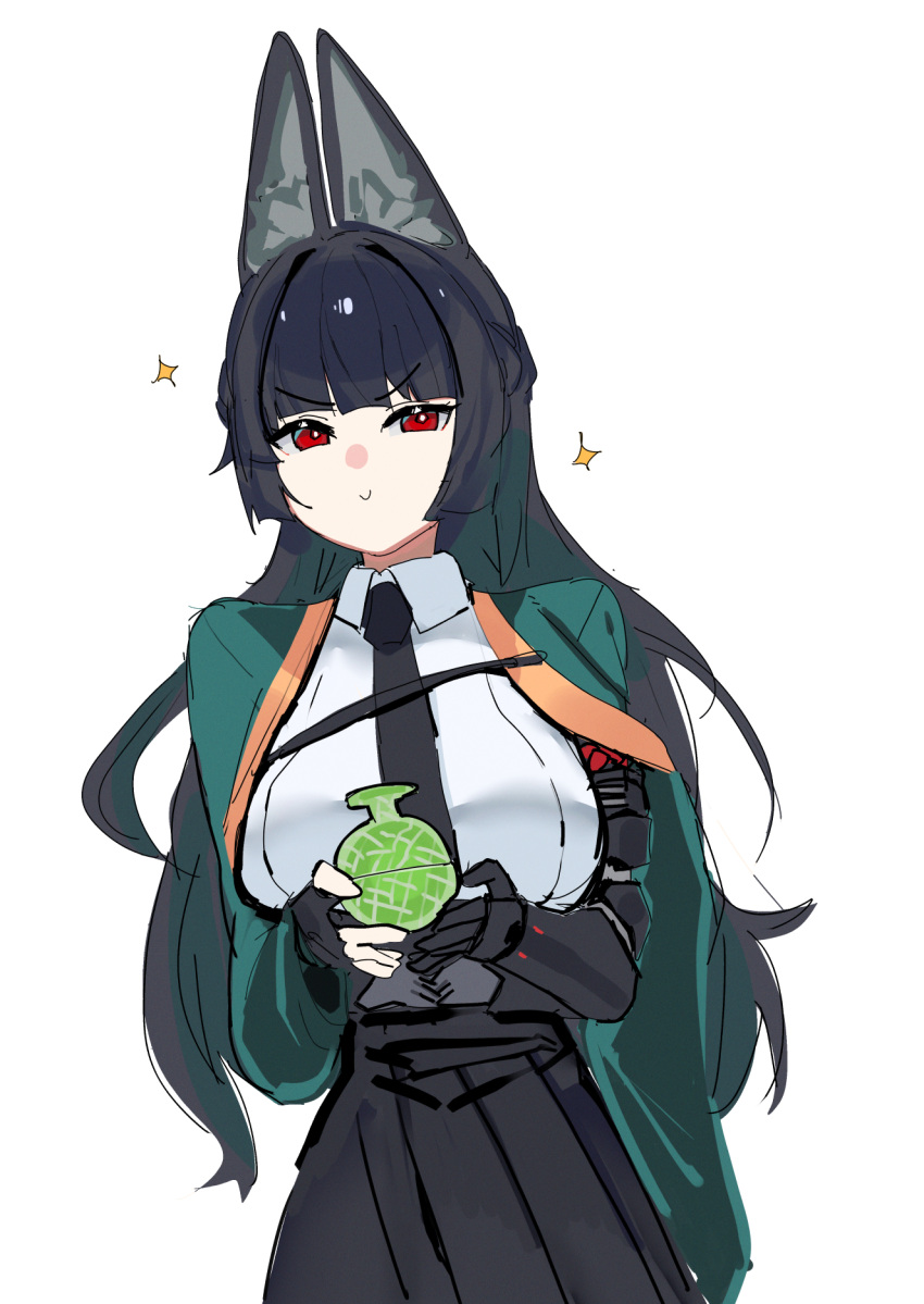1girl, animal, animal_ear_fluff, animal_ears, black_gloves, black_necktie, black_skirt, fox_ears, fox_girl, gauntlets, gloves, highres, holding, hoshimi_miyabi, jacket, long_hair, long_skirt, looking_at_viewer, massivedoontwei, necktie, red_eyes, shirt, simple_background, single_gauntlet, skirt, standing, star_(symbol), white_background, white_shirt, zenless_zone_zero