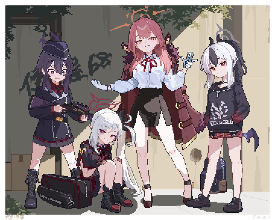 3girls, 4girls, aru_(blue_archive), backpack, bag, black_boots, black_choker, black_flower