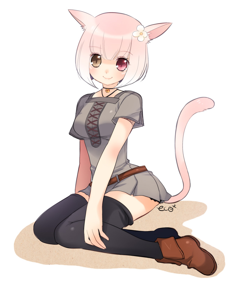 bell, black_legwear, bob_cut, brown_eyes, cat_ears, cat_tail, coriinu, final_fantasy, final_fantasy_xiv, flower, hair_flower, hair_ornament, heterochromia, jingle_bell, miqo'te, miqo'te, pink_eyes, pink_hair, red_eyes, short_hair, simple_background, sitting, slit_pupils, smile, tail, thigh-highs, thighhighs, yokozuwari