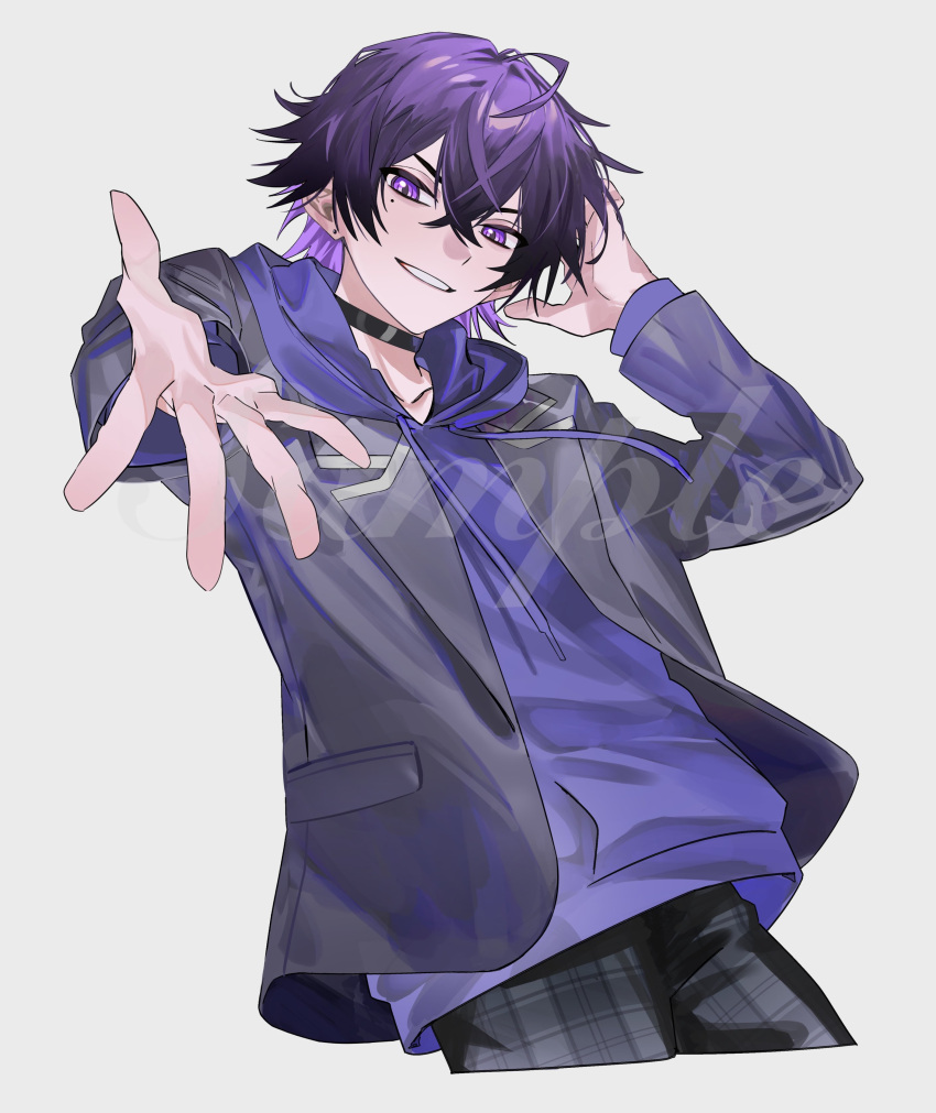 1boy, absurdres, ahoge, arm_behind_head, black_choker, choker, commentary_request, cropped_legs