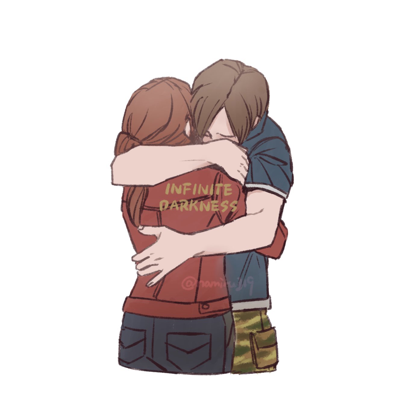 1boy, 1girl, brown_hair, camouflage, camouflage_pants, claire_redfield, closed_mouth, couple