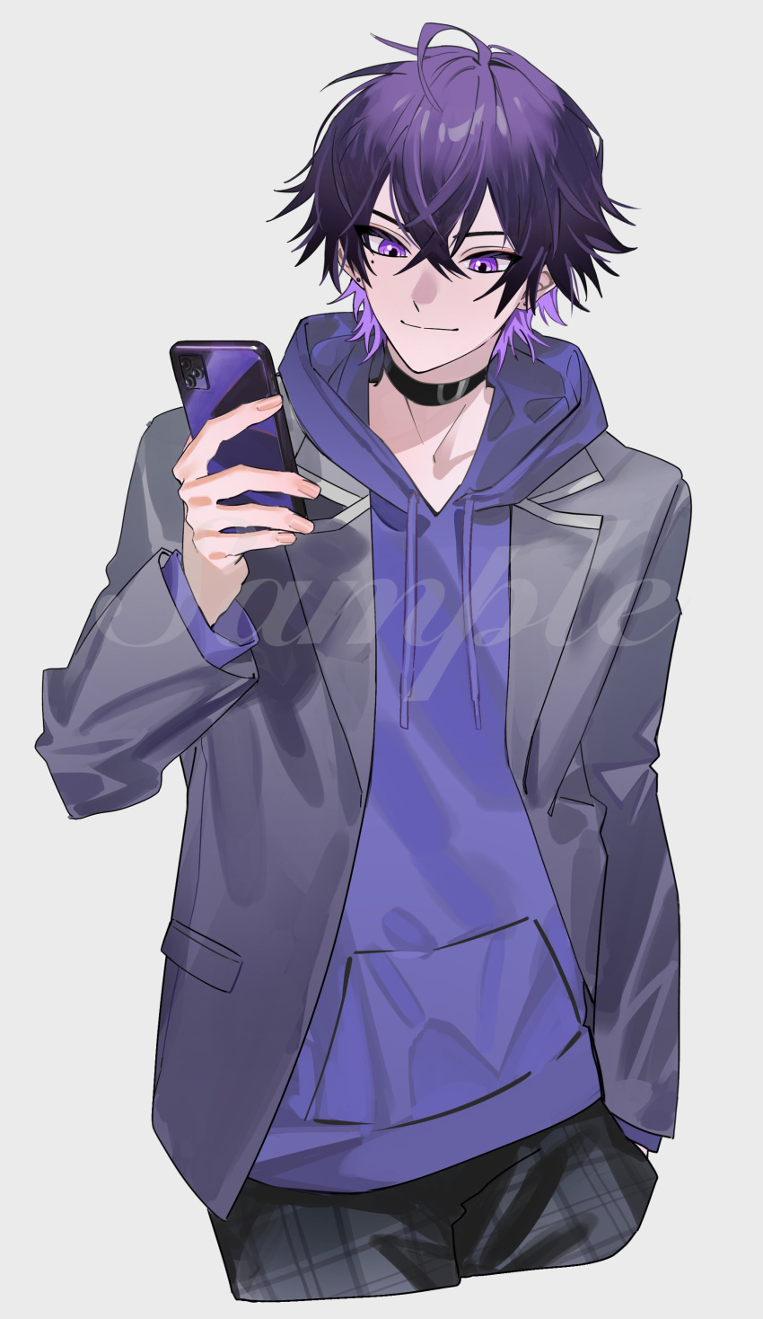 1boy, absurdres, ahoge, black_pants, cellphone, closed_mouth, commentary_request, cropped_legs