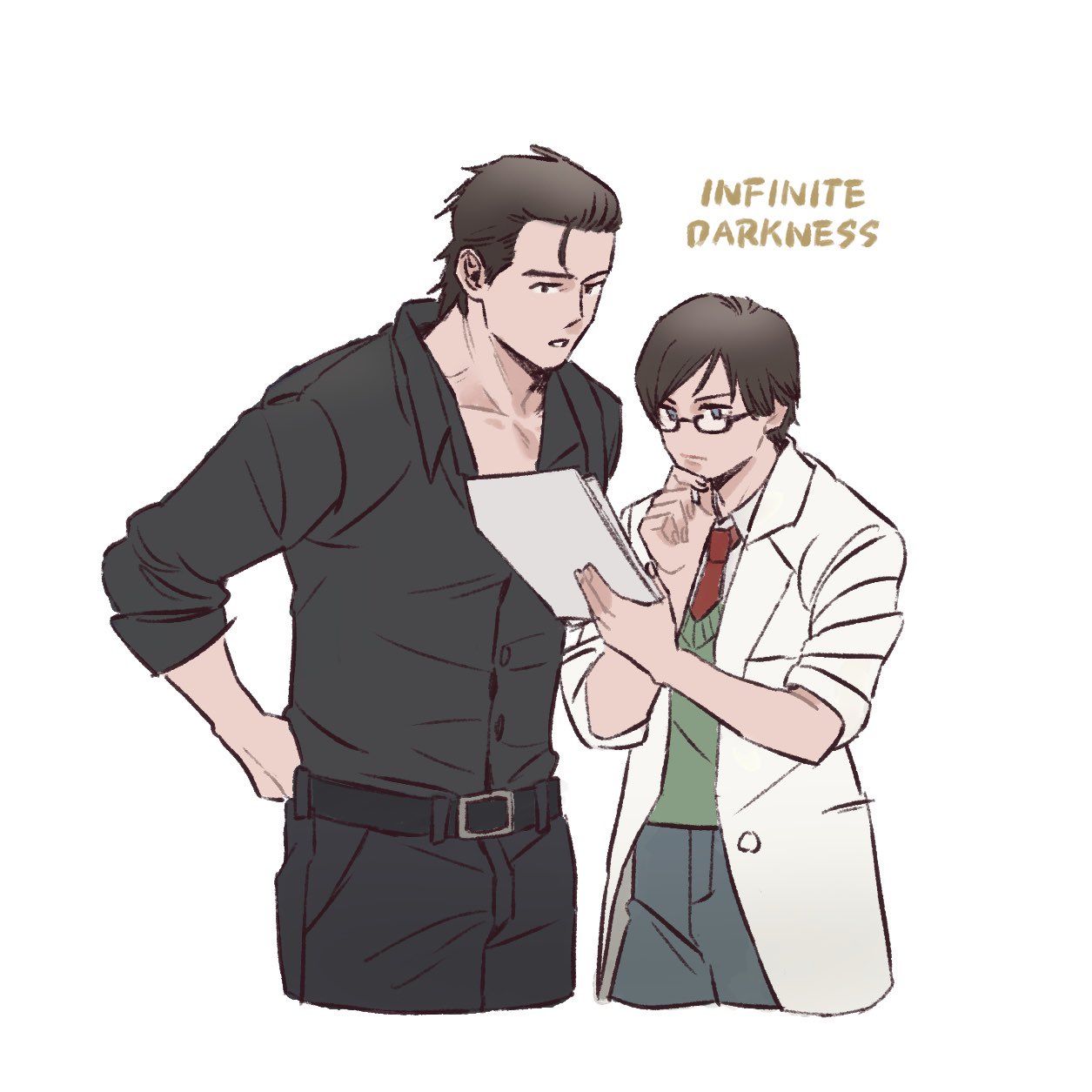 1boy, 1girl, belt, billy_coen, black_shirt, brown_eyes, brown_hair, collared_shirt