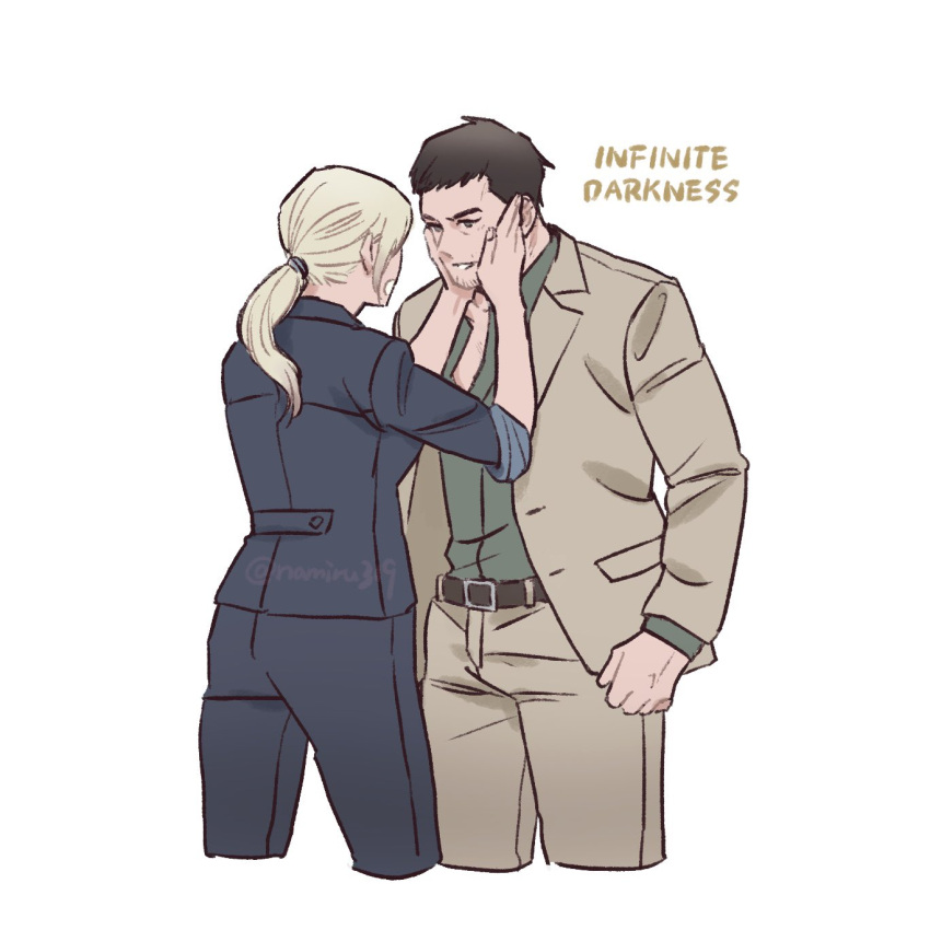 1boy, 1girl, beard_stubble, belt, blonde_hair, blue_eyes, blue_suit, brown_hair