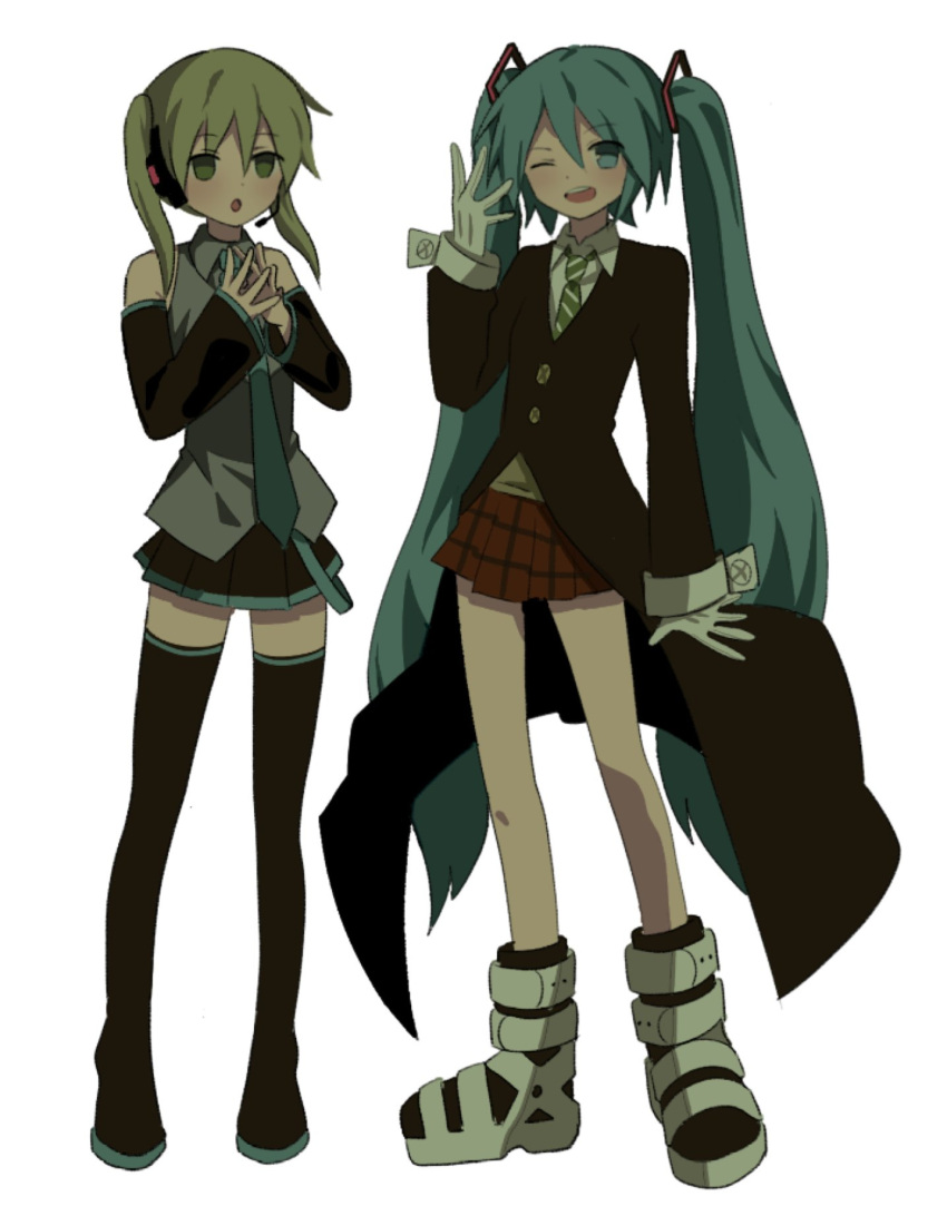 2girls, aqua_eyes, aqua_hair, aqua_necktie, bare_shoulders, black_coat, black_skirt, black_sleeves, blonde_hair, boots, coat, collared_shirt, commentary_request, cosplay, costume_switch, debakshotgun0, detached_sleeves, gloves, green_eyes, green_necktie, grey_shirt, hair_between_eyes, hand_up, hands_up, hatsune_miku, hatsune_miku_(cosplay), headset, highres, korean_commentary, long_hair, long_sleeves, looking_at_viewer, maka_albarn, maka_albarn_(cosplay), multiple_girls, necktie, plaid_clothes, plaid_skirt, pleated_skirt, red_skirt, shirt, skirt, sleeveless, sleeveless_shirt, soul_eater, thigh_boots, twintails, very_long_hair, vocaloid, white_background, white_gloves, zettai_ryouiki