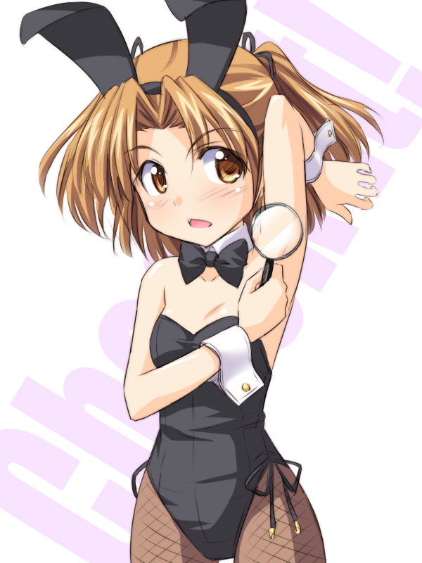 armpits, brown_eyes, brown_hair, bunny_ears, bunnysuit, fang, fishnet_pantyhose, fishnets, flat_chest, magnifying_glass, masakichi_(crossroad), pantyhose, short_hair, showing_armpits, sister_princess, twintails, yotsuba_(sister_princess)