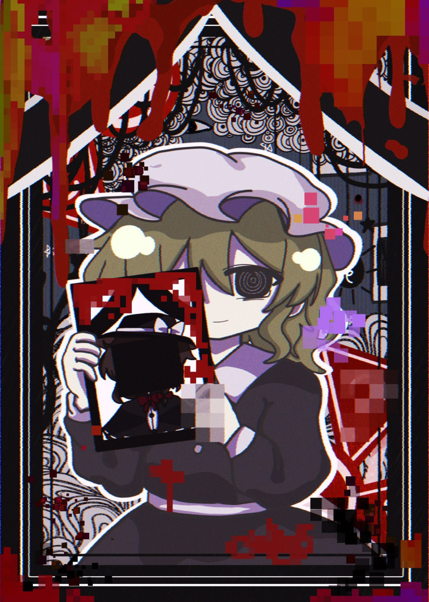 2girls, ?, @_@, black_capelet, black_hat, blonde_hair, blood, bow