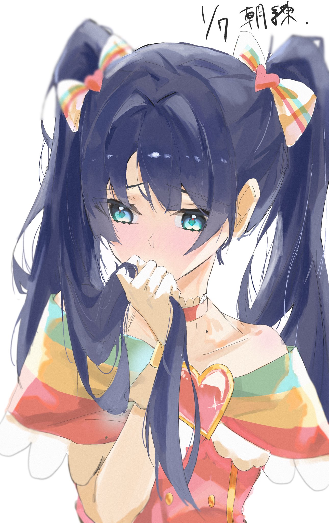 1girl, bare_shoulders, blue_eyes, blue_hair, collarbone, commentary, covering_own_mouth, dated, dress, embarrassed, hand_over_own_mouth, highres, holding, holding_own_hair, link!_like!_love_live!, love_live!, magical_girl, murano_sayaka, murano_sayaka_(mahou_shoujo_rhythmic_heart), off-shoulder_dress, off_shoulder, pink_dress, simple_background, solo, translation_request, twintails, virtual_youtuber, white_background, zen66574227