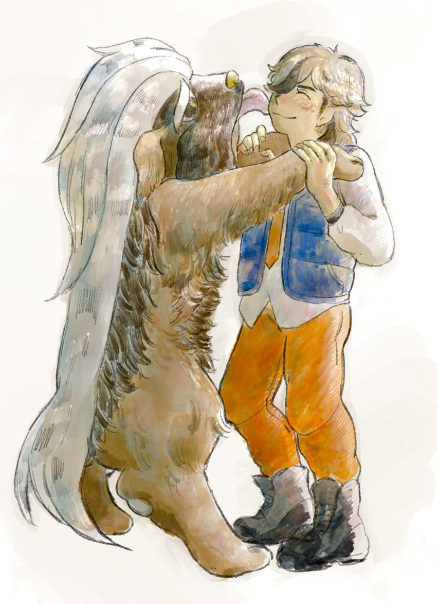 1boy, :3, arven_(pokemon), blonde_hair, blue_vest, brown_fur, brown_hair, closed_eyes