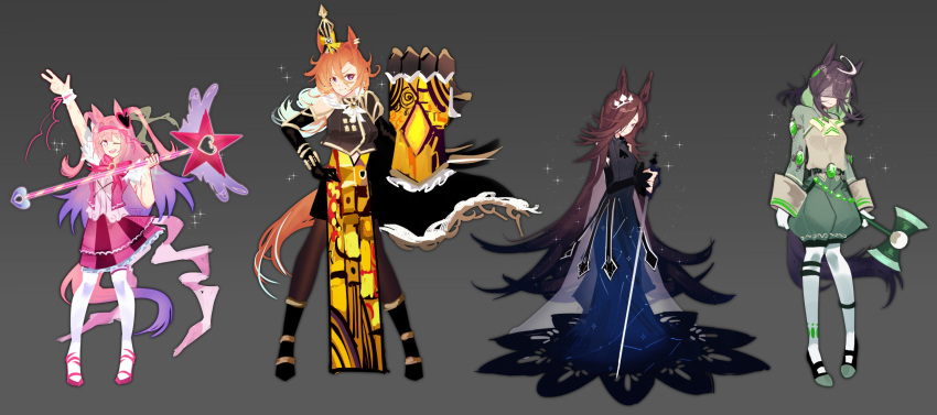 4girls, absurdres, ahoge, animal_ears, black_boots, black_gloves, black_hair, blindfold