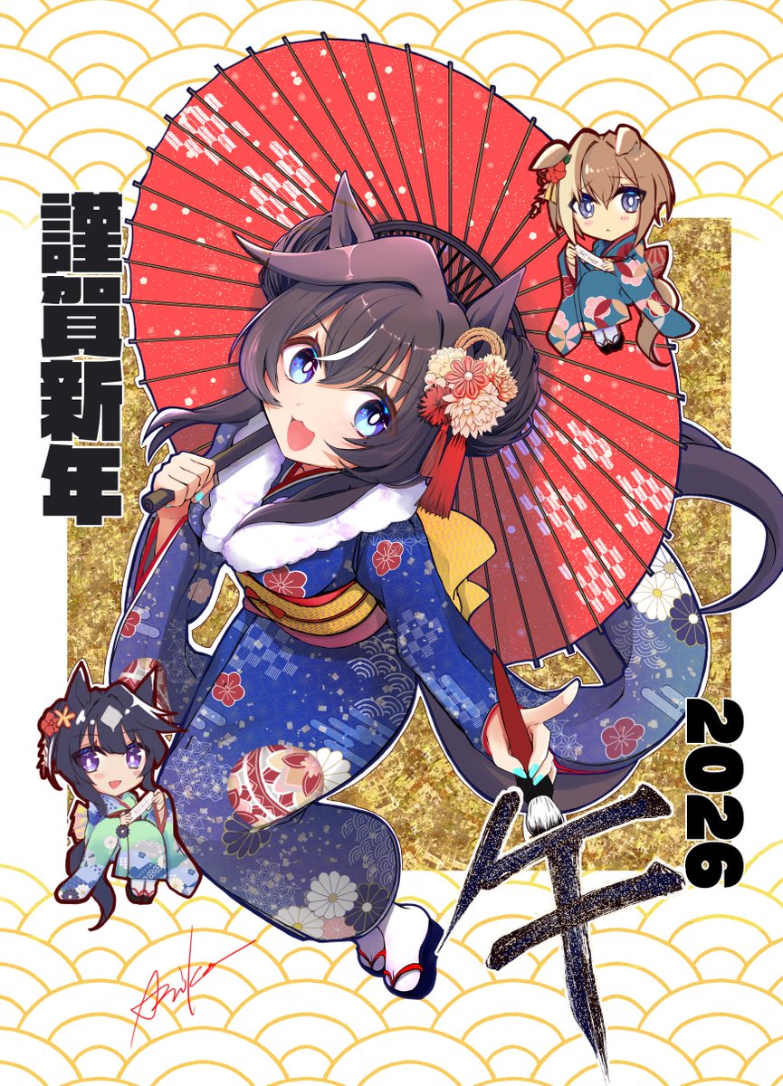 2026, 3girls, alternate_costume, alternate_hairstyle, animal_ears, aqua_kimono, blue_eyes, blue_hair