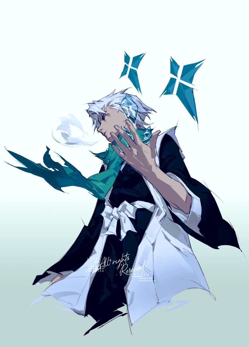 1boy, bleach, bleach:_sennen_kessen-hen, breath, cowboy_shot, cropped_legs, expressionless, from_below