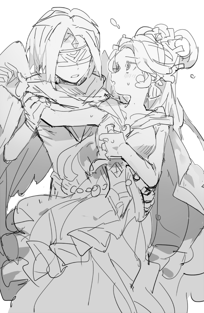 1boy, 1girl, bad_id, bad_twitter_id, blindfold, blush, breasts, commentary