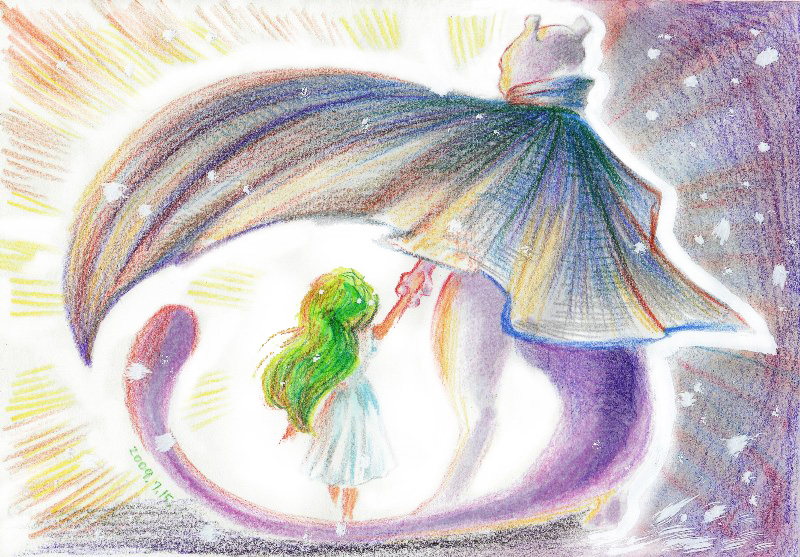 1girl, ai2, cape, child, dress, graphite_(medium), green_hair, holding_hands
