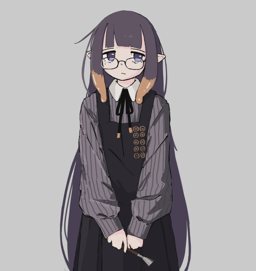 1girl, absurdres, blunt_bangs, collared_shirt, commentary, dress, expressionless, glasses