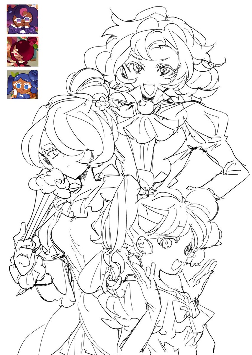 3girls, :d, ascot, bad_id, bad_twitter_id, blueberry_cookie, brooch, bumbleberry_cookie, cookie_run, cookie_run:_kingdom, cranberry_cookie, dress, fangs, food-themed_hair_ornament, greyscale, hair_bun, hair_ornament, highres, humanization, inactive_account, jewelry, lineart, long_hair, looking_at_viewer, monochrome, multiple_girls, nana_(ebitokanimiso), open_mouth, painttool_sai_(medium), reference_inset, short_hair, side_ponytail, simple_background, single_hair_bun, sketch, skin_fangs, smile, white_background