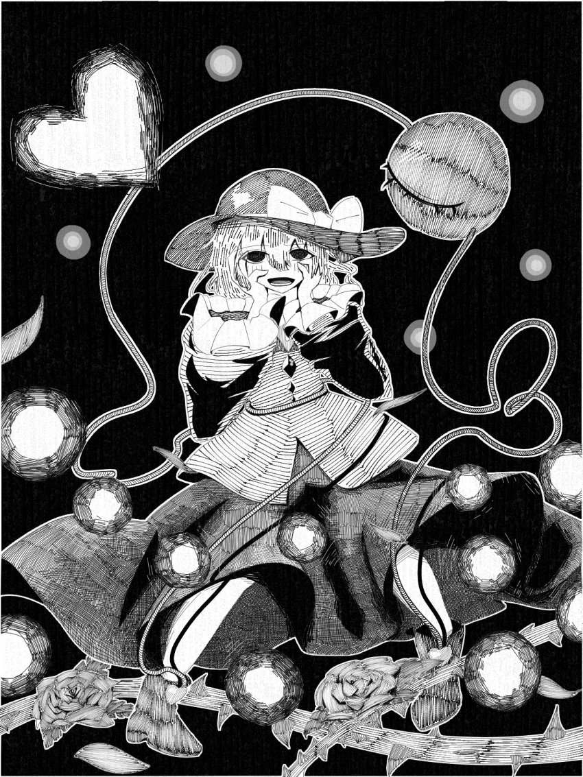 1girl, black_hat, bow, commentary_request, eyeball, full_body, graffiti_(style), hat