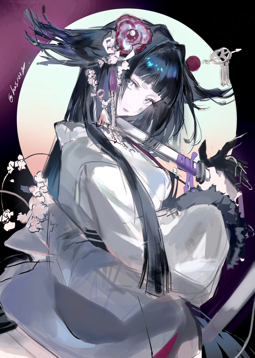 1girl, absurdres, arknights, artist_name, black_background, black_gloves, black_hair, blunt_ends