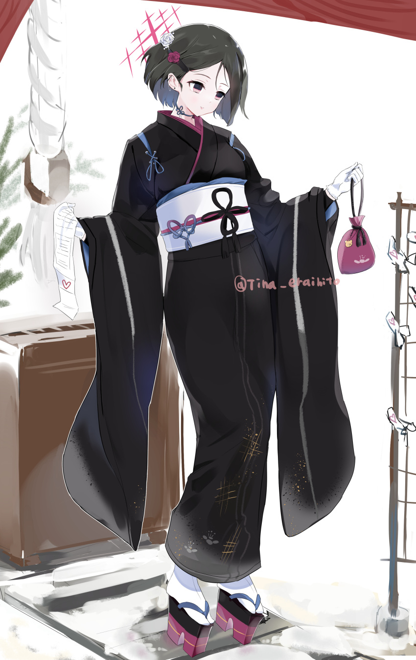 1girl, absurdres, alternate_costume, artist_name, bag, black_hair, black_kimono, blue_archive, candy_moon777, commentary_request, ear_piercing, flower, flower-shaped_hair, gloves, hair_ornament, hairclip, halo, highres, holding, holding_bag, holding_paper, japanese_clothes, kimono, misaki_(blue_archive), neck_ribbon, obi, object_request, paper, piercing, platform_sandals, red_flower, ribbon, sandals, sash, short_hair, smile, socks, solo, standing, white_flower, white_gloves, white_sash, white_socks