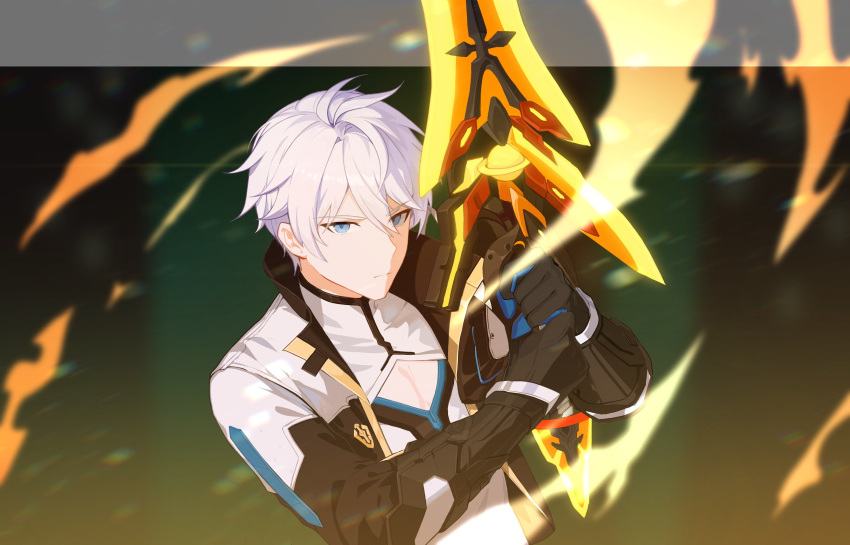 1boy, absurdres, black_gloves, blue_eyes, chinese_commentary, coat, commentary_request, daokouniao, fire, gloves, highres, holding, holding_sword, holding_weapon, honkai_(series), honkai_impact_3rd, kevin_kaslana, male_focus, pectoral_cleavage, pectorals, short_hair, solo, sword, upper_body, weapon, white_coat, white_hair