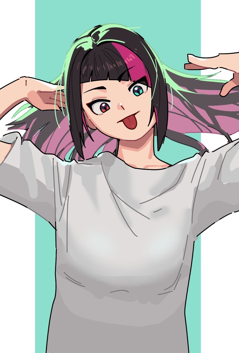 1girl, alternate_costume, alternate_hair_length, alternate_hairstyle, aqua_eyes, black_hair, casual, commentary