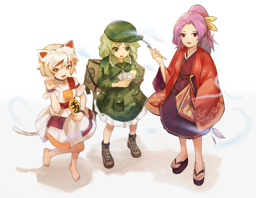 3girls, ability_card_(touhou), animal_ears, backpack, bag, barefoot, bell, boots