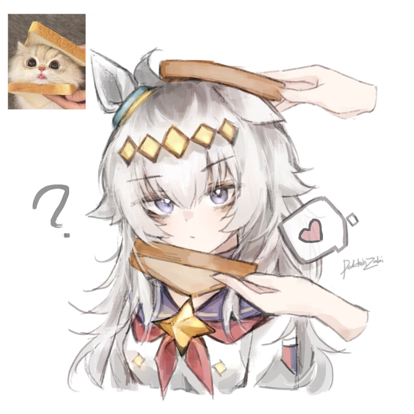 1girl, animal_ears, blue_eyes, blue_sailor_collar, blush, cat, closed_mouth, commentary, disembodied_hand, doktahzaki, grey_hair, heart, highres, horse_ears, horse_girl, meme, neckerchief, oguri_cap_(starlight_beat)_(umamusume), oguri_cap_(umamusume), red_neckerchief, sailor_collar, shirt, solo, spoken_heart, umamusume, white_shirt