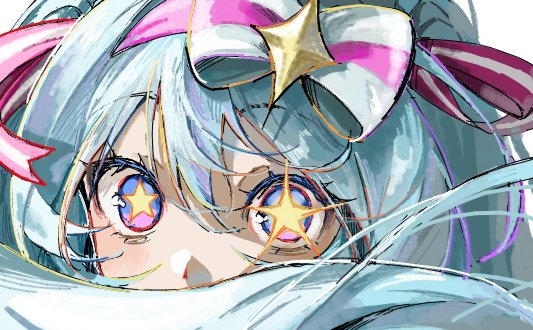1girl, blue_hair, bow, commentary_request, diamond_(shape), eyelashes, hair_between_eyes, hair_ornament, hatsune_miku, ima_sugu_rinne_(vocaloid), long_hair, looking_at_viewer, multicolored_eyes, oekaki, paint_chat_(medium), pink_bow, simple_background, soybee_102, star-shaped_pupils, star_(symbol), symbol-shaped_pupils, twintails, very_long_hair, white_background