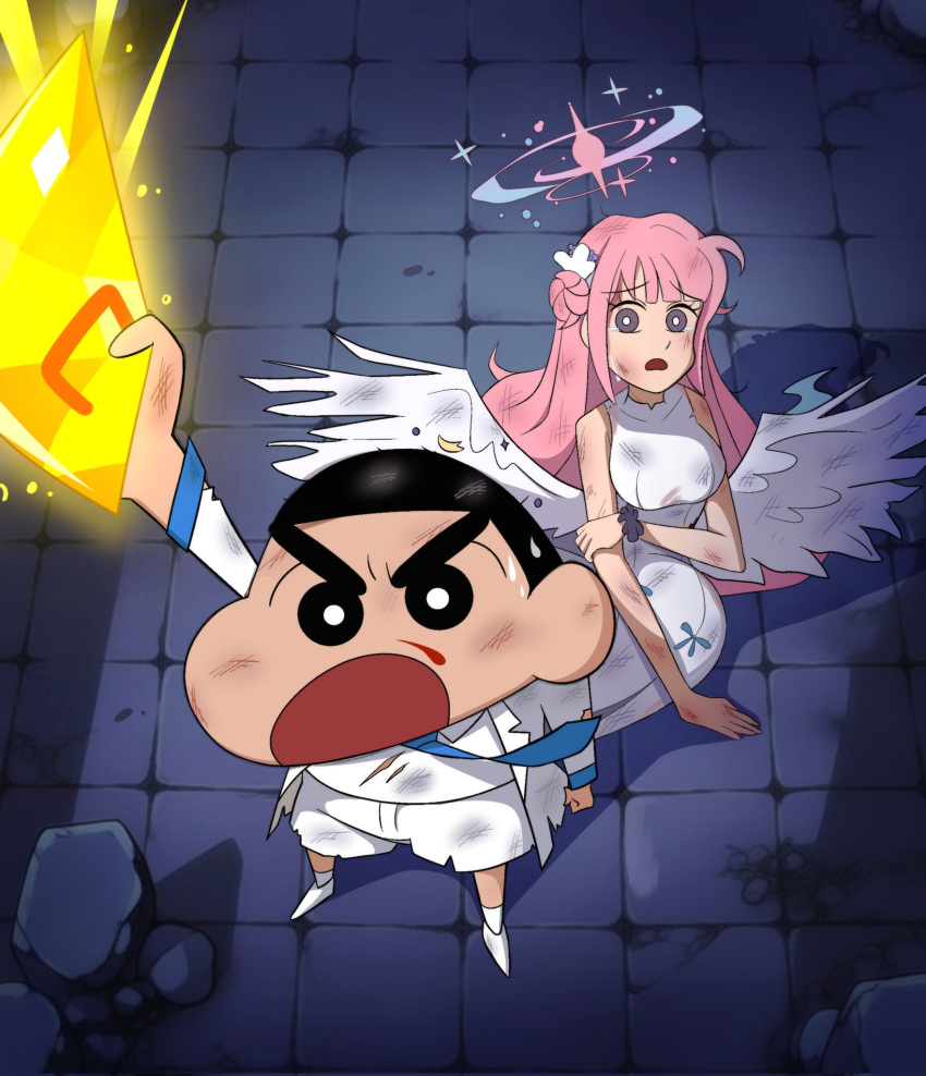 1boy, 1girl, angel_wings, bare_shoulders, black_hair, blood, blue_archive, blue_necktie