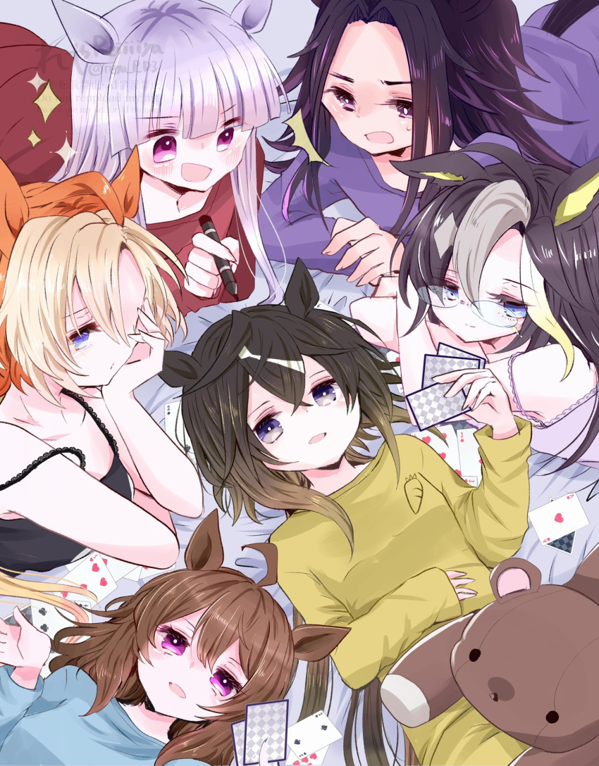 6+girls, aged_down, ahoge, animal_ears, black_hair, blue_eyes, blunt_bangs, brown_hair