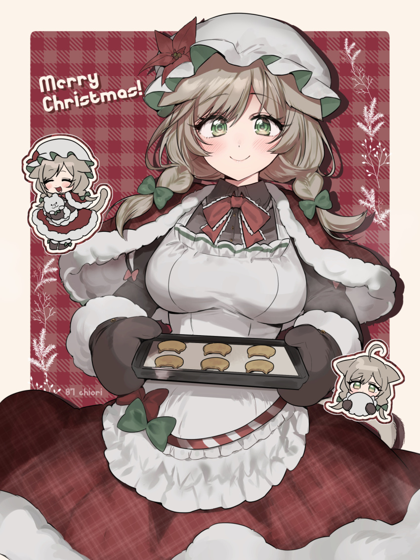 1girl, :d, ^_^, ahoge, apron, blush, border, bow