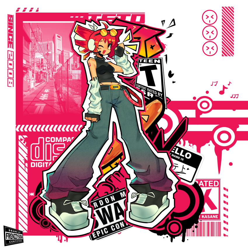 >_<, 1girl, absurdres, ahoge, arm_tattoo, baggy_pants, bare_shoulders, belt, black_belt, black_collar, black_gloves, black_shirt, black_shoes, blush, bow, building, calling, collar, commentary, detached_sleeves, english_commentary, english_text, eyewear_on_head, fingerless_gloves, frenzzy_soda, frutiger_metro, gloves, gradient_legwear, gradient_pants, hair_ribbon, hand_up, headset, heart, heart_in_mouth, highres, kasane_teto, looking_at_viewer, looking_to_the_side, midriff, multicolored_shoes, musical_note, number_tattoo, one_eye_closed, orange-tinted_eyewear, outstretched_arm, pants, red_eyes, red_hair, red_tattoo, ribbon, road, round_eyewear, shirt, shoes, shoulder_tattoo, sleeveless, sleeveless_turtleneck, solo, spiked_collar, spikes, street, tattoo, tinted_eyewear, turtleneck, turtleneck_shirt, two-tone_pants, two-tone_shoes, utau, white_bow, white_ribbon, white_shoes, white_sleeves