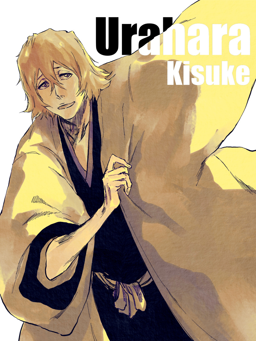1boy, absurdres, adjusting_clothes, black_hakama, bleach, bleach:_turn_back_the_pendulum, blonde_hair, character_name, commentary_request, hair_between_eyes, hakama, haori, highres, japanese_clothes, male_focus, shihakusho, solo, taichou_haori, upper_body, urahara_kisuke, violet_eyes, white_haori, xia_chuan_jian