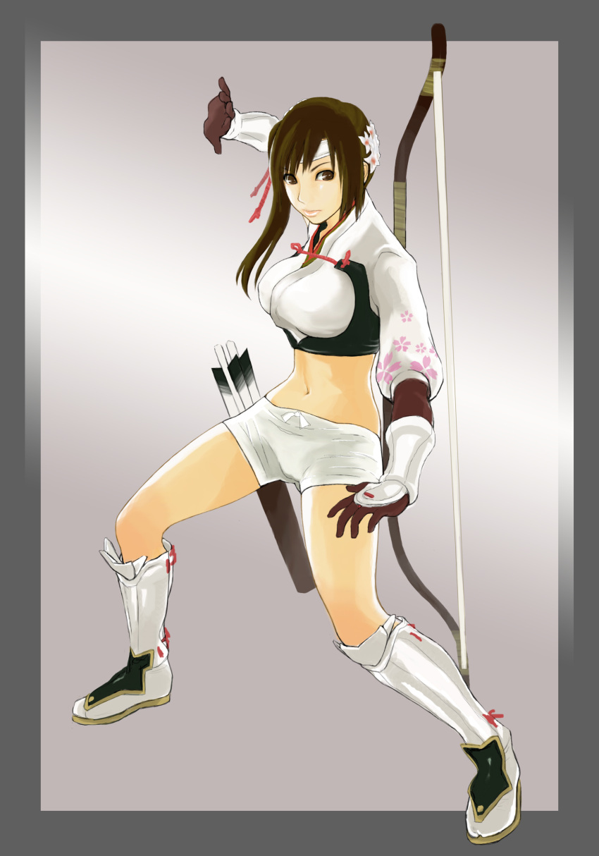 alluring, alternate_costume, bow, gloves, greaves, hawk_(artist), headband, highres