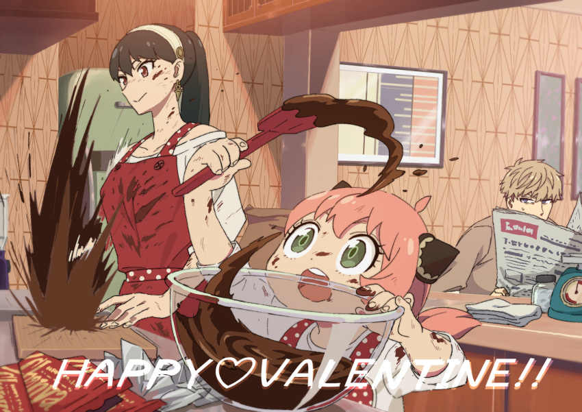1boy, 2girls, :o, adoptive_parent_and_adoptive_child, ahoge, alternate_hairstyle, anya_(spy_x_family), apron