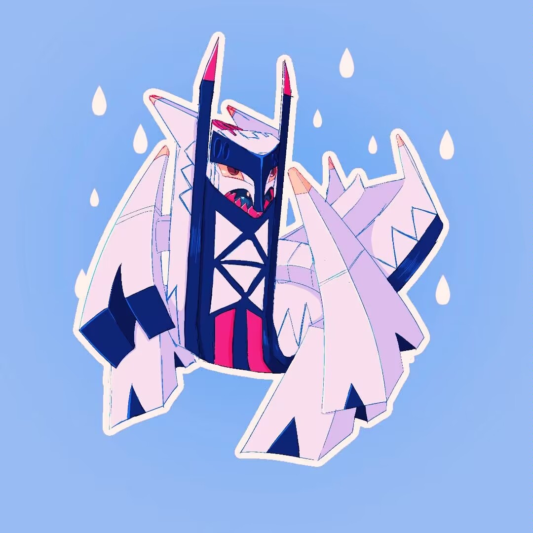 archaludon, badfish08, blue_background, colored_sclera, colored_teeth, commentary_request, full_body, lower_teeth_only