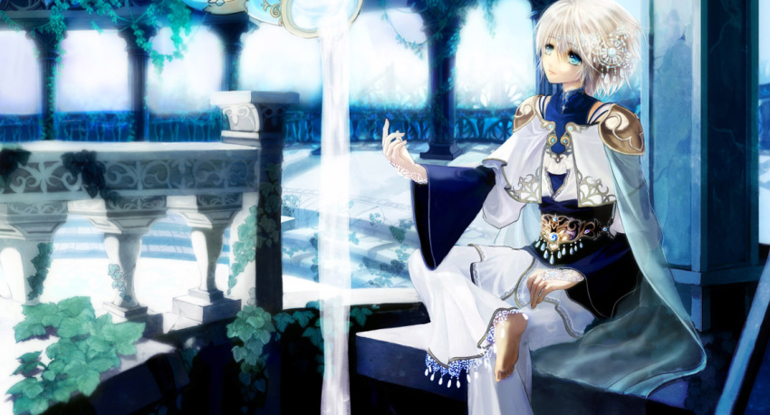 androgynous, barefoot, blue_eyes, cape, male, original, short_hair, solo