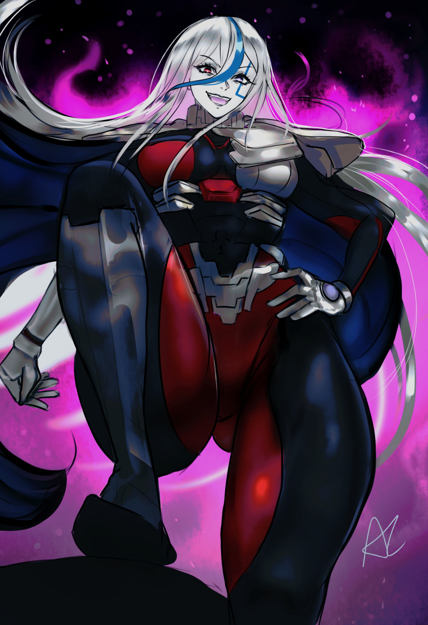 1girl, absurdres, arialla_draws, armor, black_background, blue_streaks, bodysuit, breasts, cape, commentary, english_commentary, facial_mark, fire, gloves, gorget, hand_on_own_hip, heterochromia, highres, long_hair, medium_breasts, multicolored_hair, open_mouth, pink_fire, pov_stomped, red_eyes, shoulder_armor, signature, smile, solo, streaked_hair, the_hundred_line_-last_defense_academy-, thighs, v'ehxness, very_long_hair, violet_eyes, white_hair