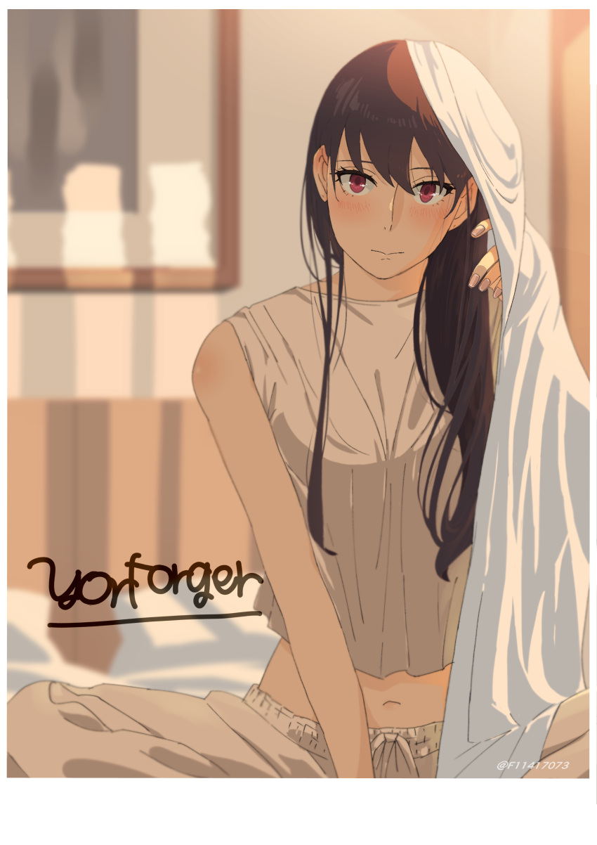 1girl, absurdres, bed, black_hair, blush, character_name, closed_mouth, drawstring, f11417073, grey_pants, grey_shirt, highres, indian_style, indoors, looking_at_viewer, midriff, navel, pants, picture_frame, polaroid_photo, red_eyes, shirt, sitting, sleeveless, sleeveless_shirt, solo, spy_x_family, sweatpants, towel, yor_briar